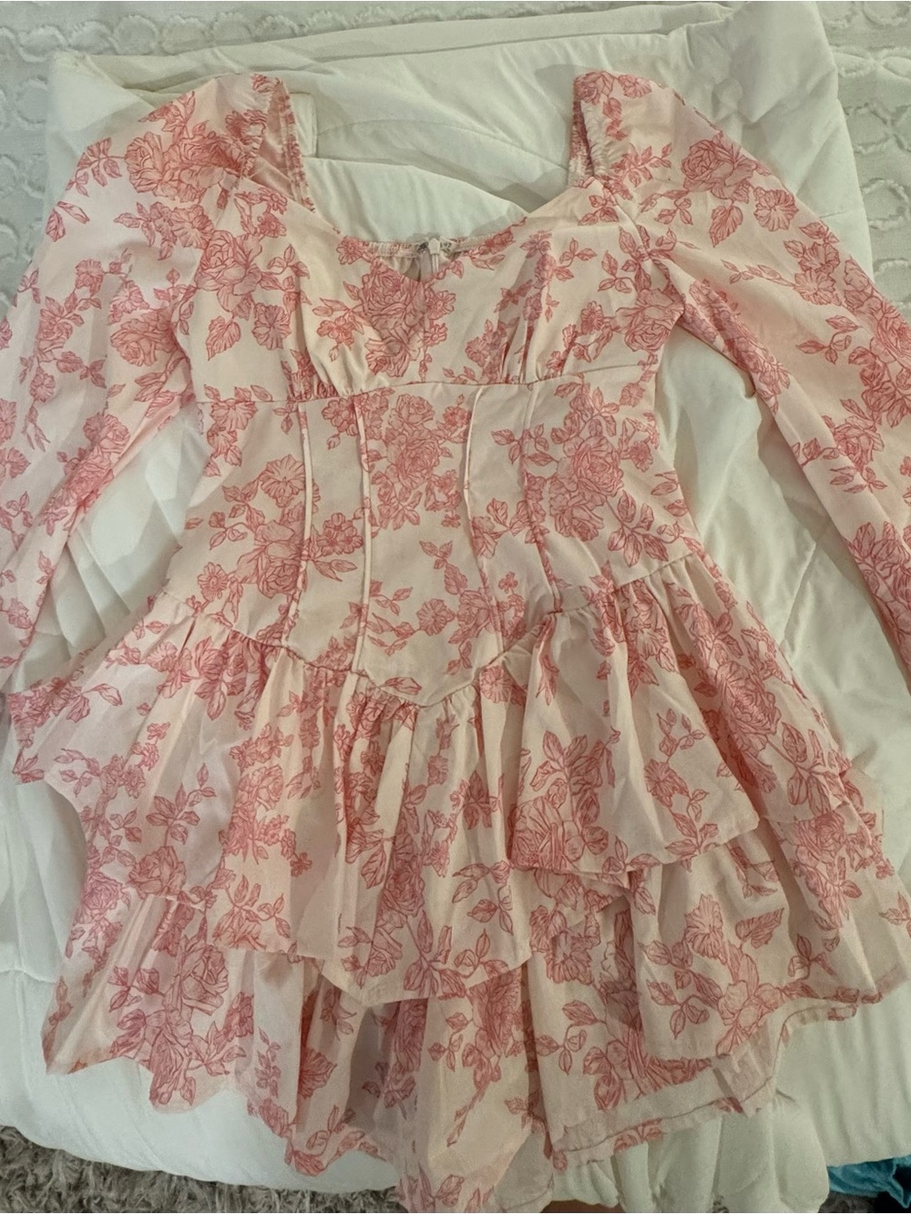 SHEIN Pink Floral Ruffled Long-Sleeve Dress